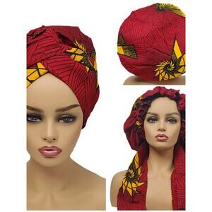 Red & Yellow African Print Satin Headwrap Turban for Women